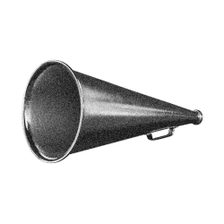 A handheld megaphone rests on a flat surface, ready to amplify sound. Its conical speaker and grip suggest it's intended for addressing groups in outdoor or large venue settings.